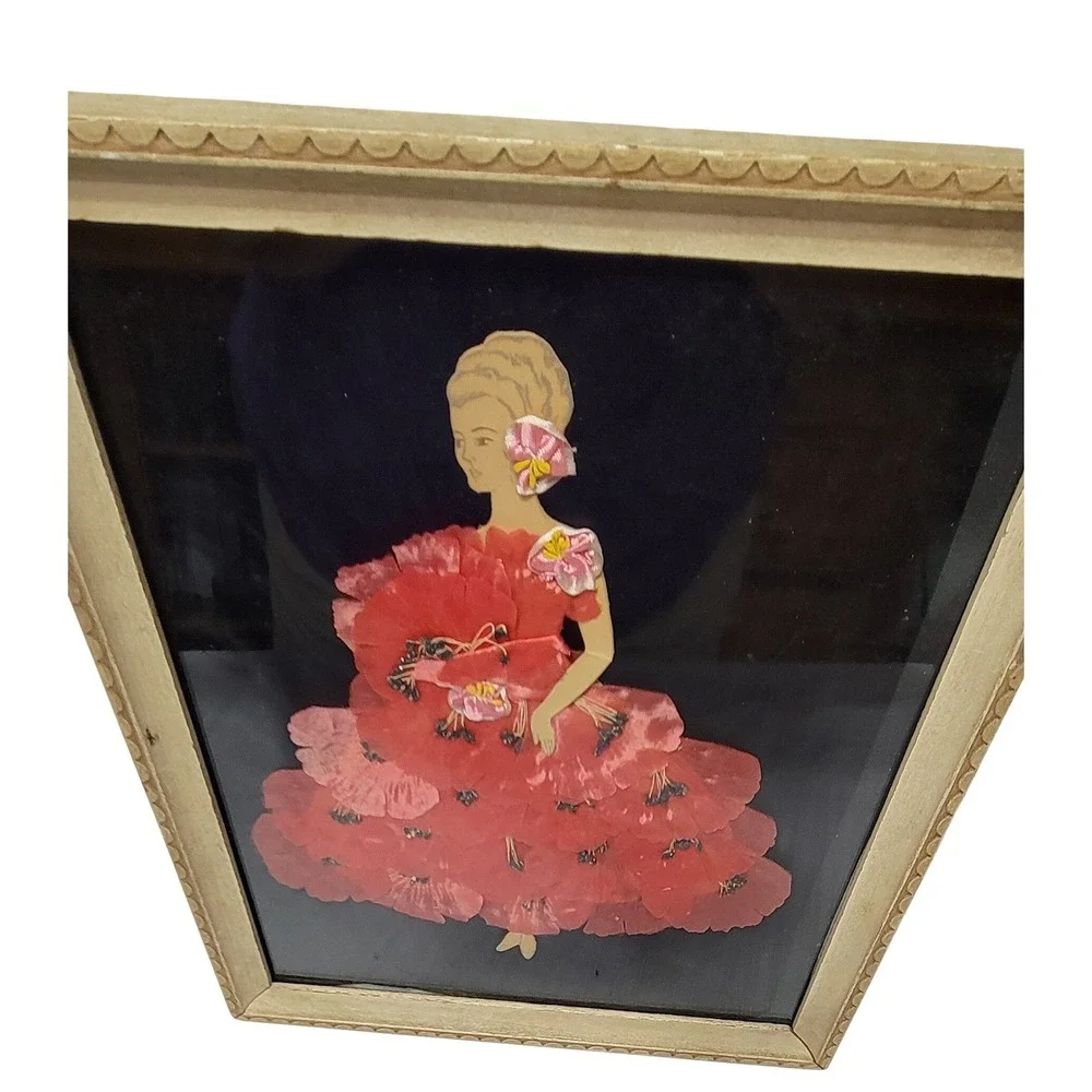 Vintage 3D Art Framed Woman Pink Red Silk Flower Dress Mid Century Decor